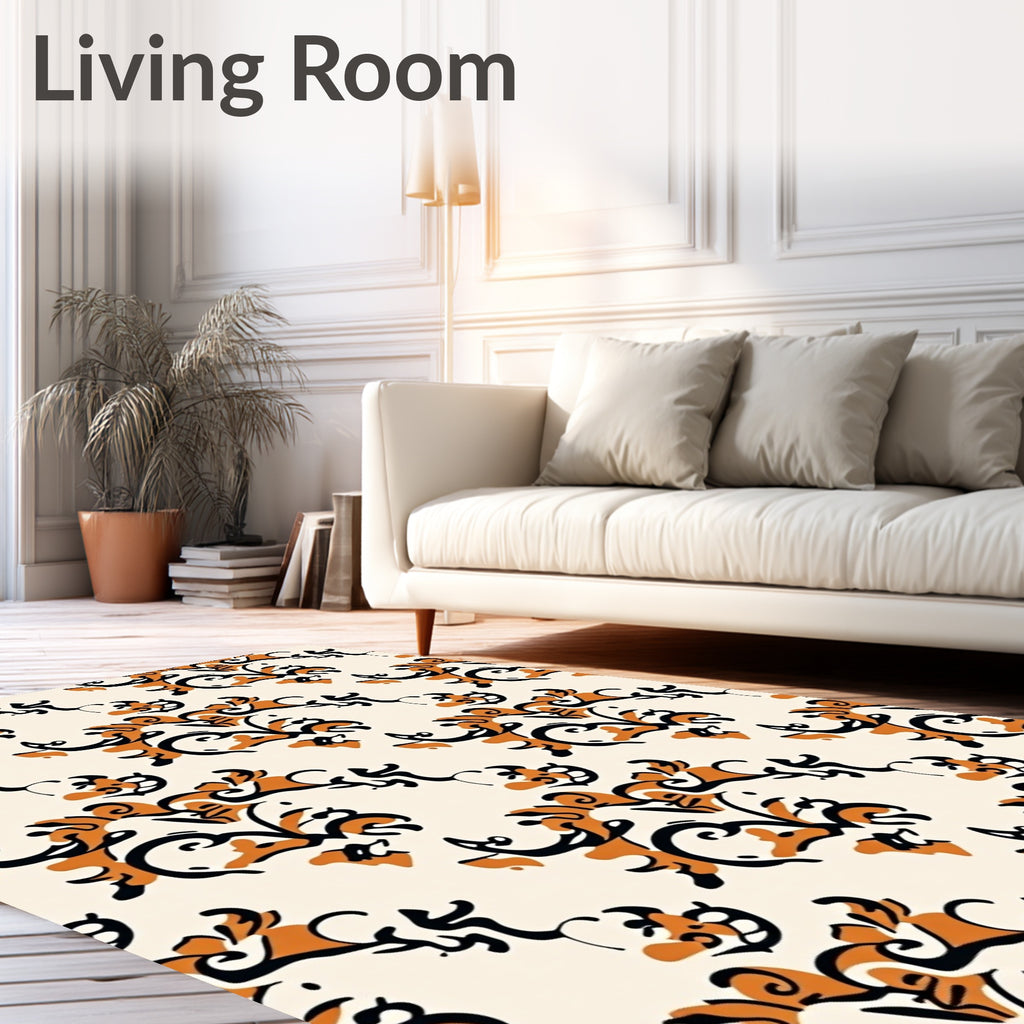 Elegant Orange Black Flourish Pattern Rug