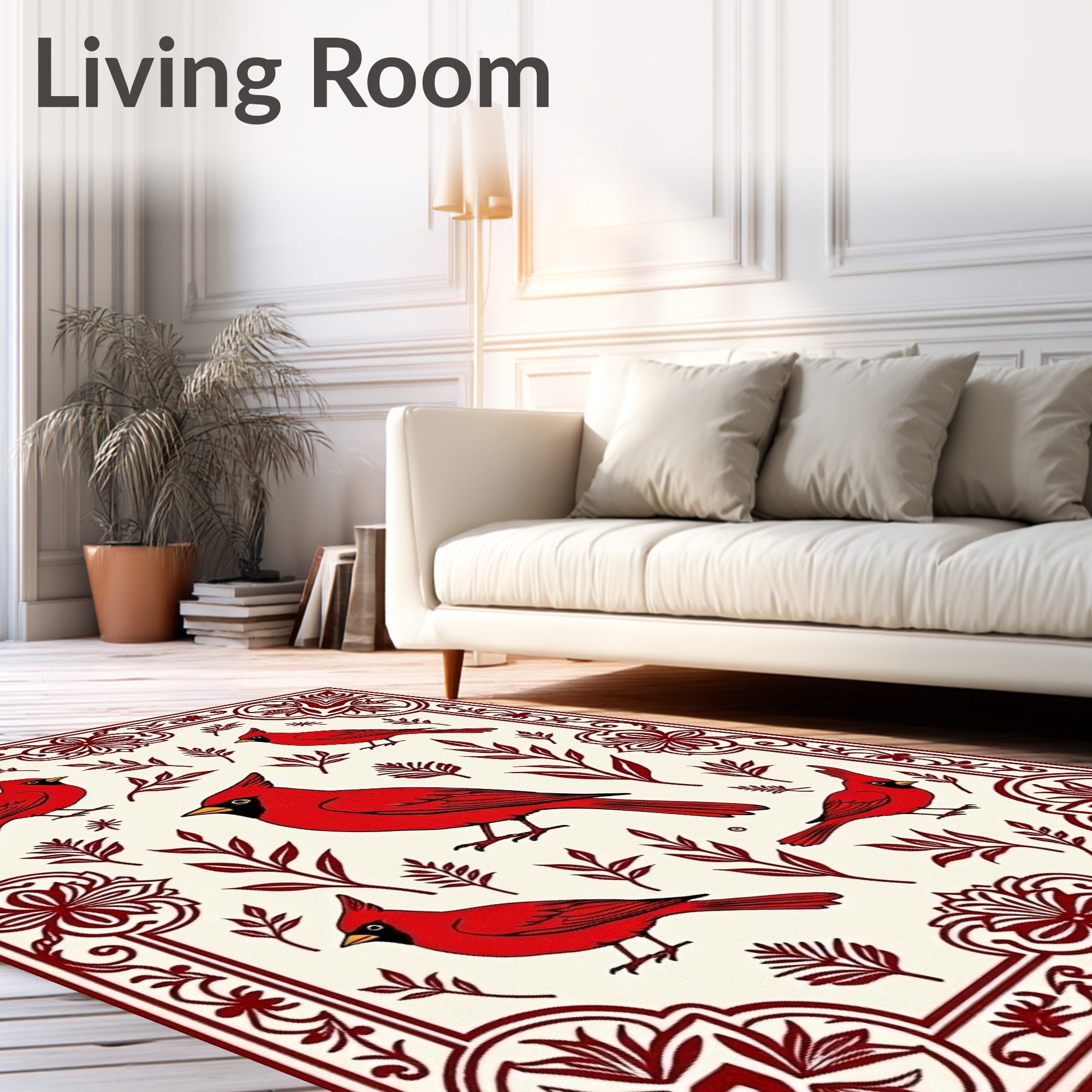 Crimson Cardinal Bordered Botanical Design Rug