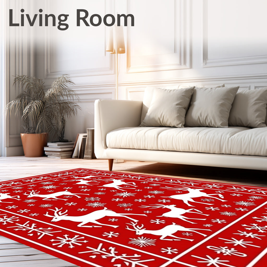 Red Reindeer Snowflake Folk Art Rug