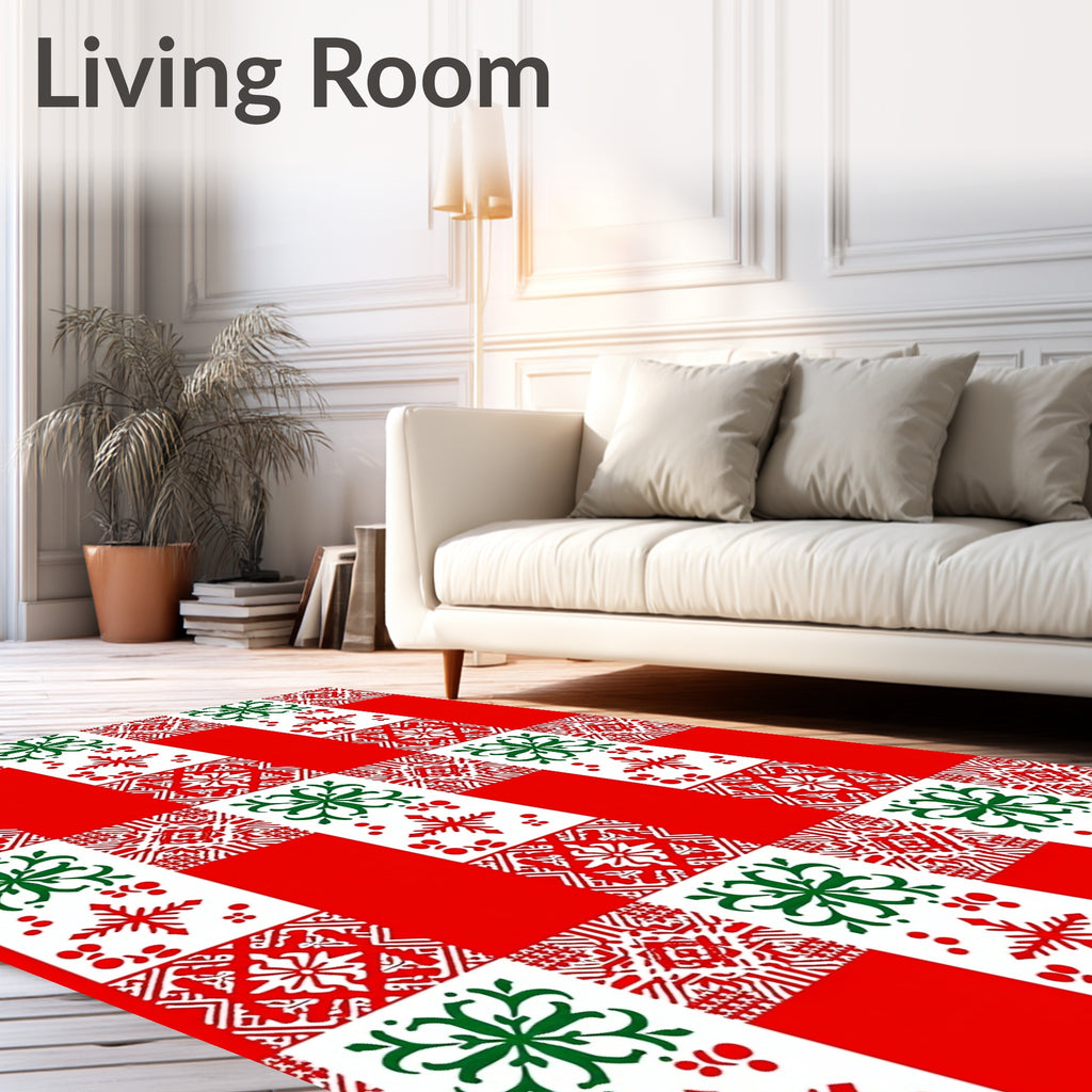 Red White Green Geometric Tile Pattern Rug