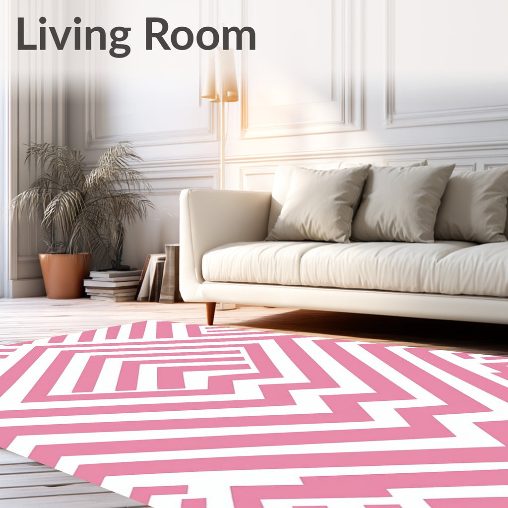 Pink White Geometric Maze Pattern Rug