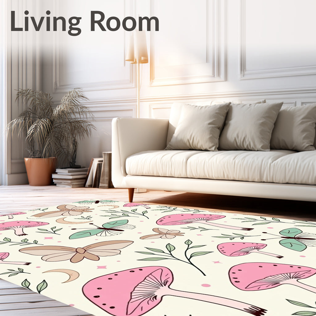 Whimsical Mushrooms Butterflies Moons Pattern Rug