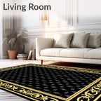 Elegant Black Yellow Floral Medallion Pattern Rug