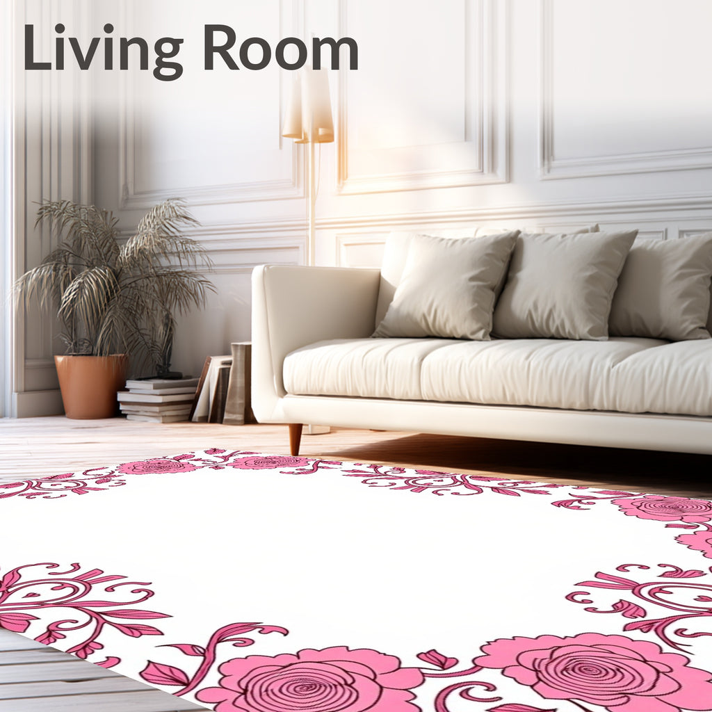 Whimsical Pink Floral Border Rug