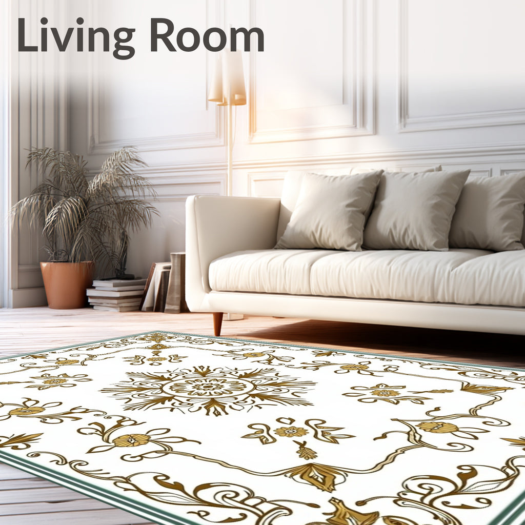 Ornate Golden Floral Scrollwork Design Rug