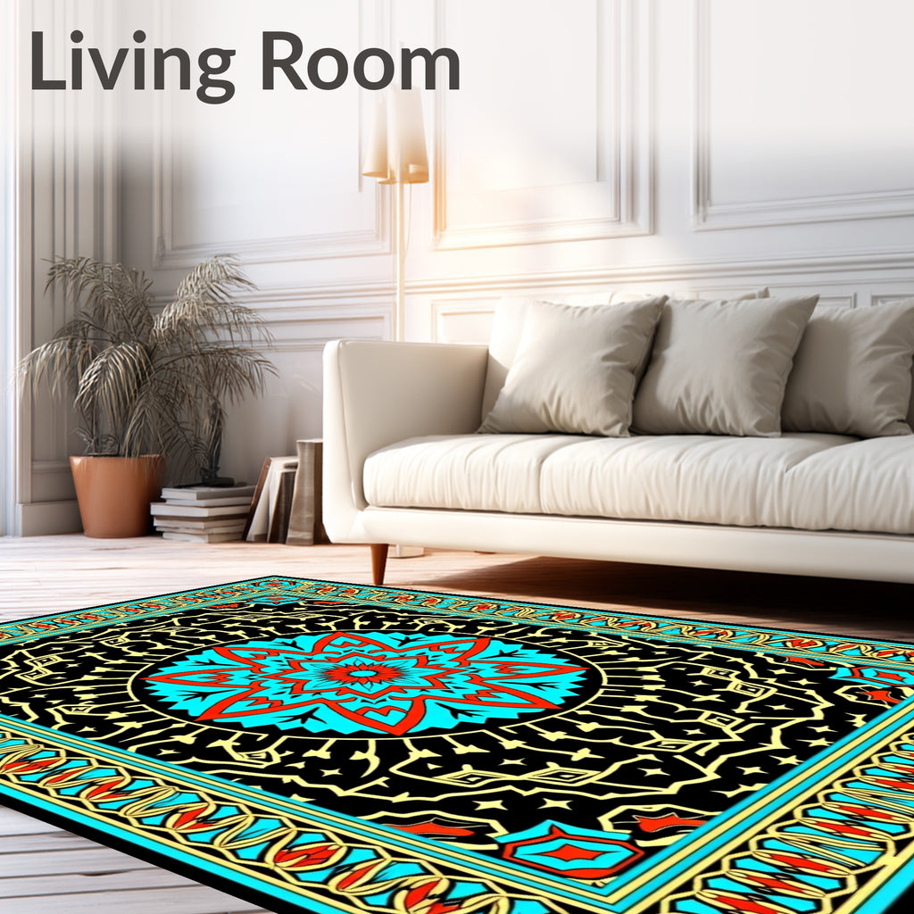 Intricate Floral Medallion Black Blue Rug
