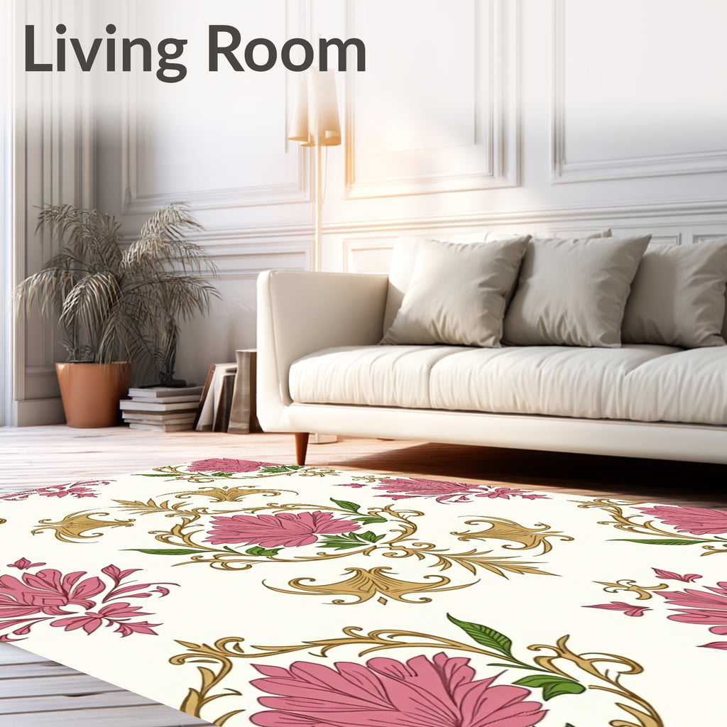 Pink Floral Swirls Gold Accents Rug