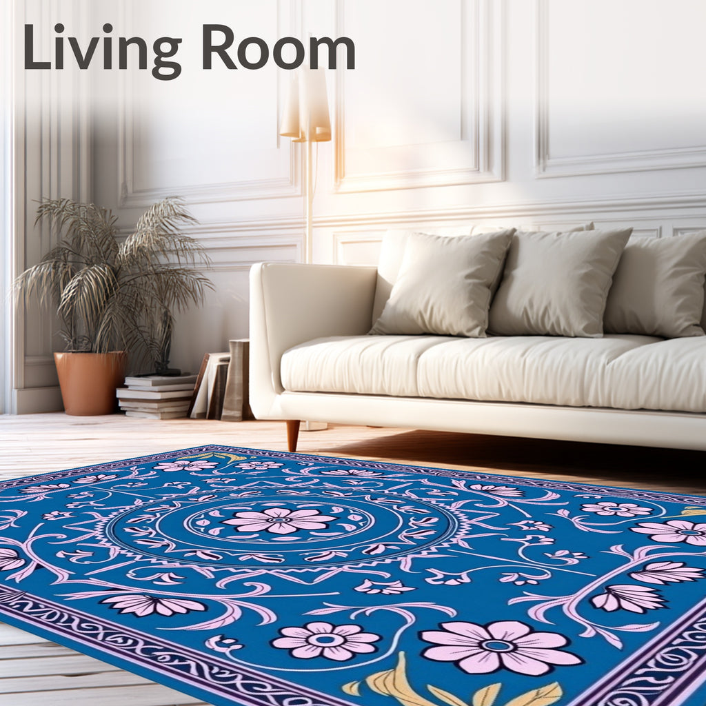 Floral Medallion Patterned Teal Rug