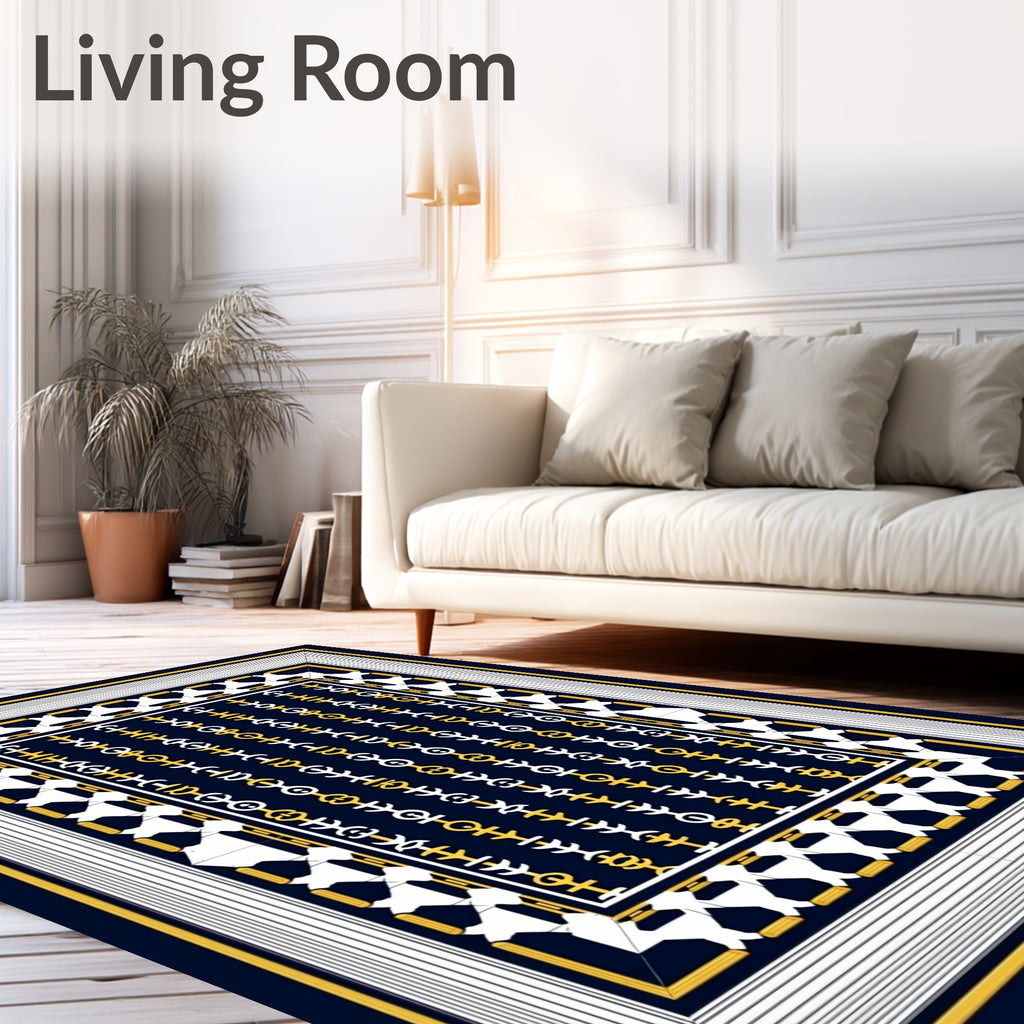 Classic Navy Geometric Chain Pattern Rug