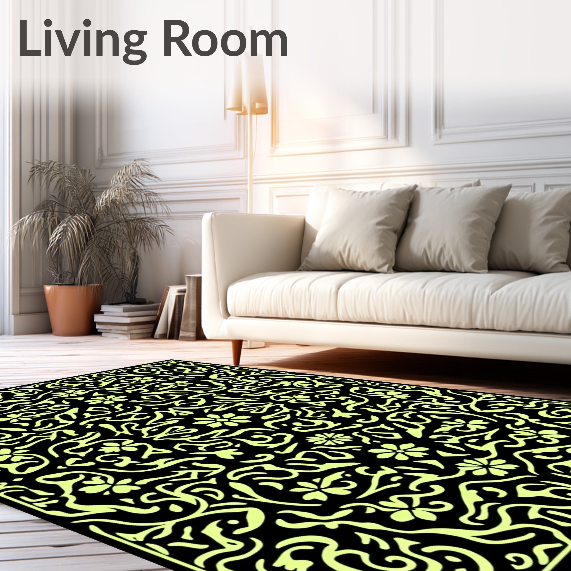 Black Yellow Floral Swirl Pattern Rug
