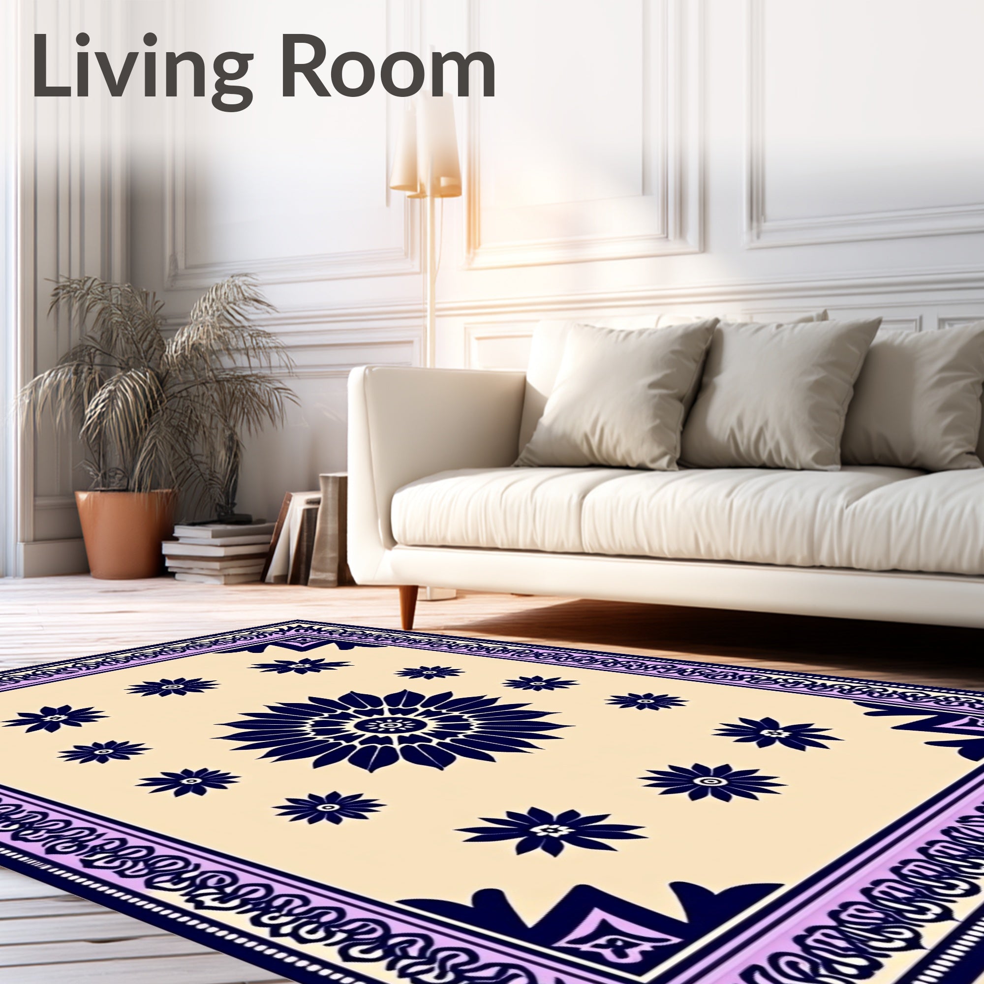 Navy Floral Bordered Ivory Rug