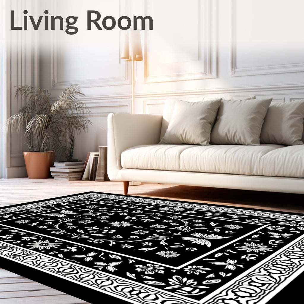 Black White Floral Butterfly Border Rug