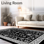 Black White Floral Butterfly Border Rug
