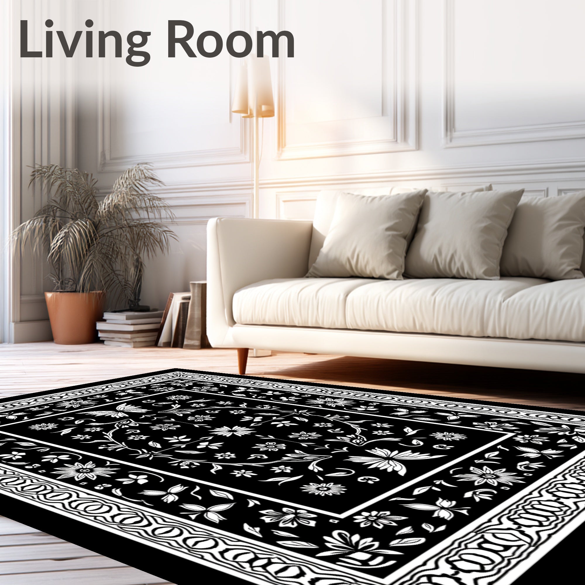 Black White Floral Butterfly Border Rug