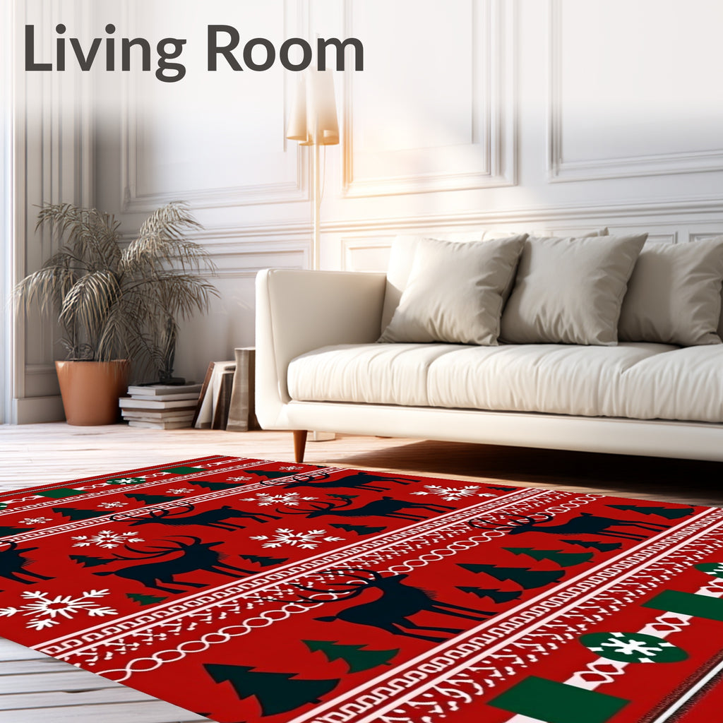 Christmas Reindeer Snowflakes Trees Pattern Rug