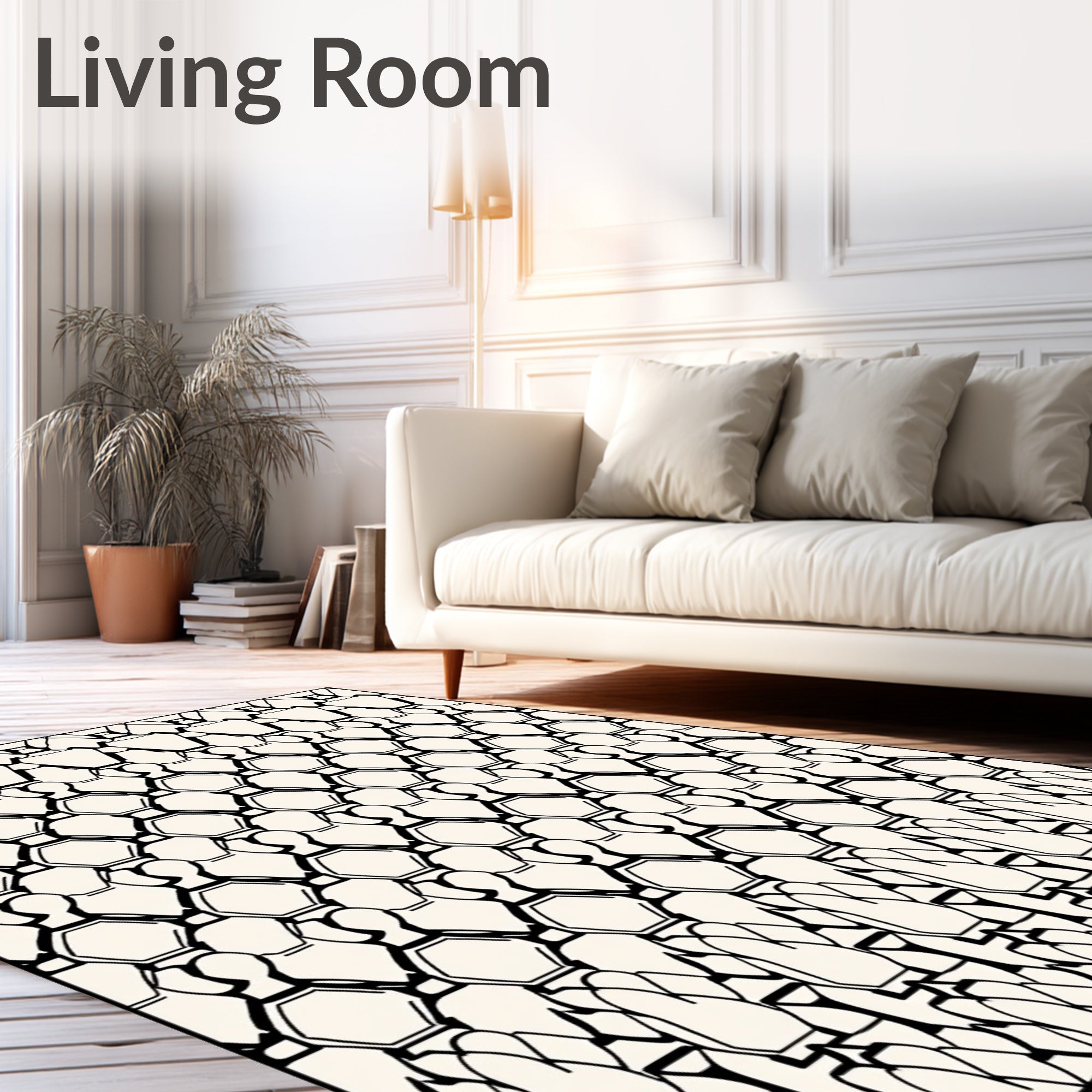 Black White Hexagonal Line Art Rug