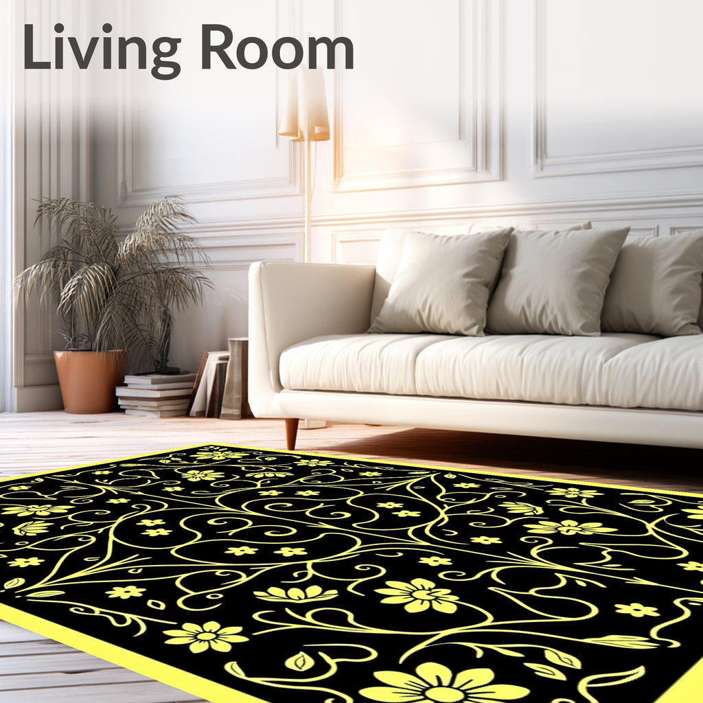 Intricate Floral Vine Yellow Black Pattern Rug