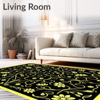 Intricate Floral Vine Yellow Black Pattern Rug
