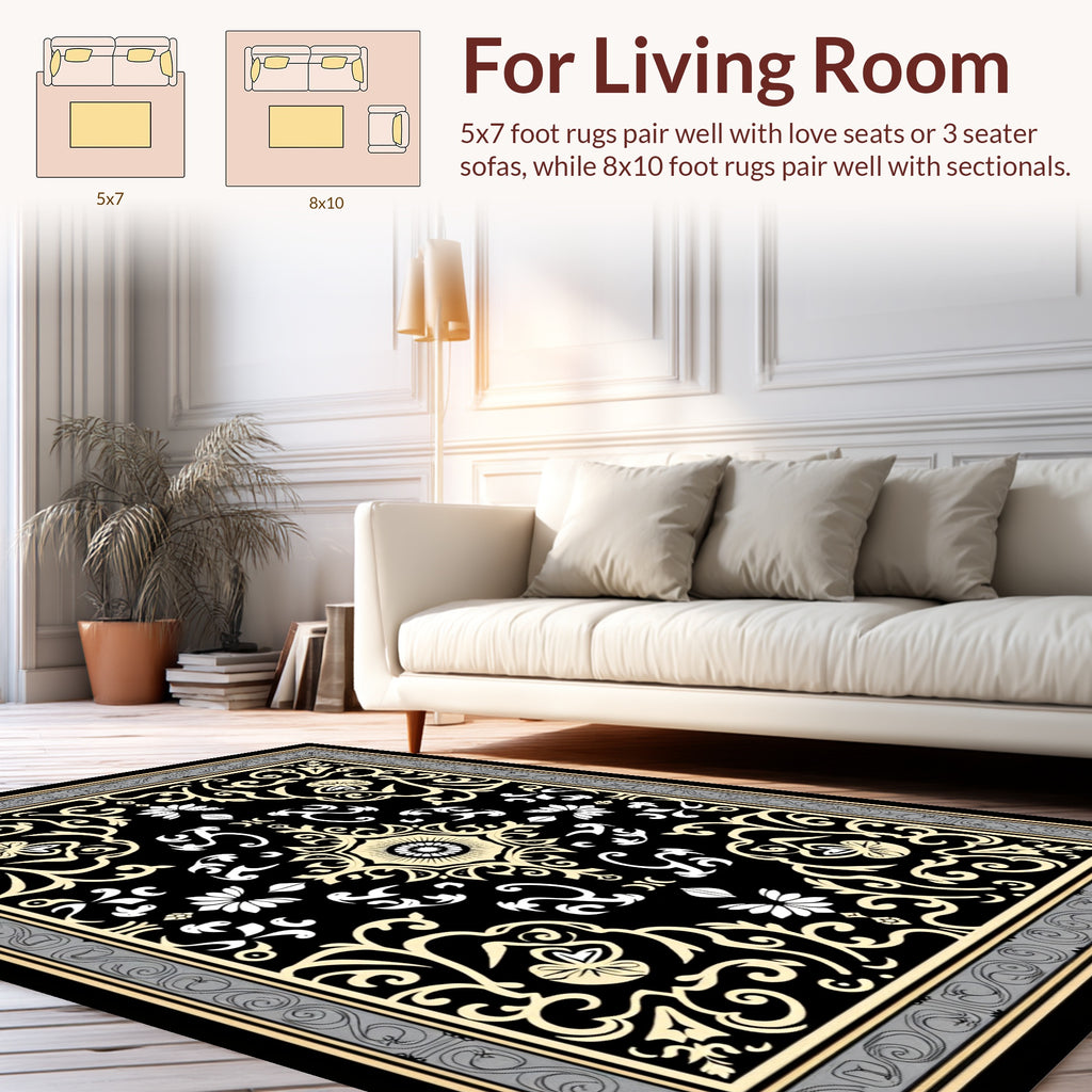 Intricate Black Cream Floral Medallion Rug