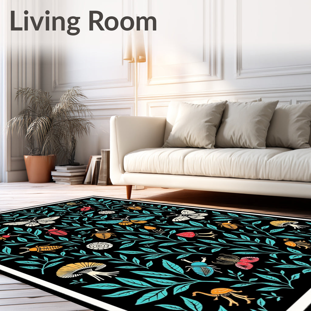 Black Beetle Butterfly Floral Rug