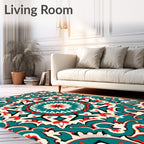 Teal Red White Intricate Mandala Rug