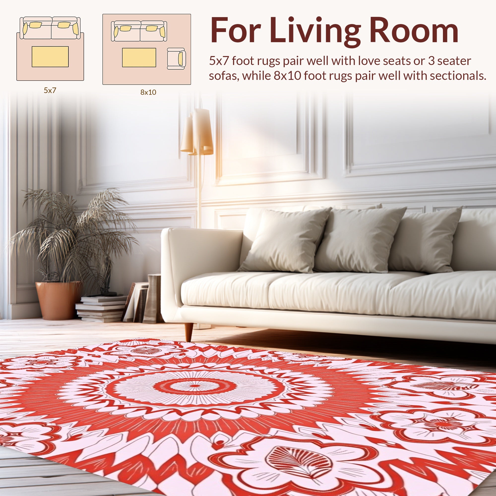 Circular Red White Floral Mandala Rug