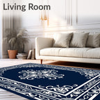 Elegant Ornate White Floral Dark Blue Rug