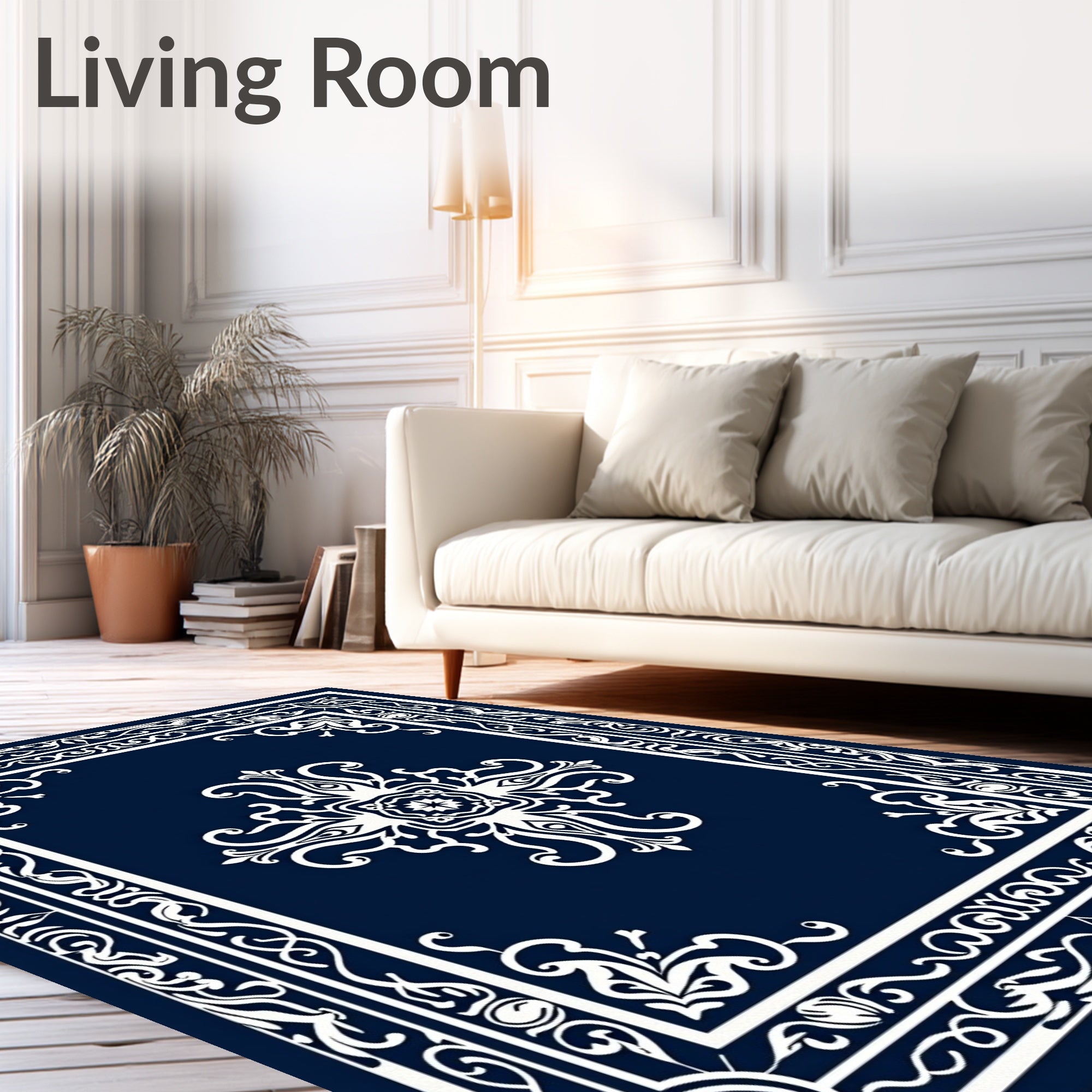 Elegant Ornate White Floral Dark Blue Rug