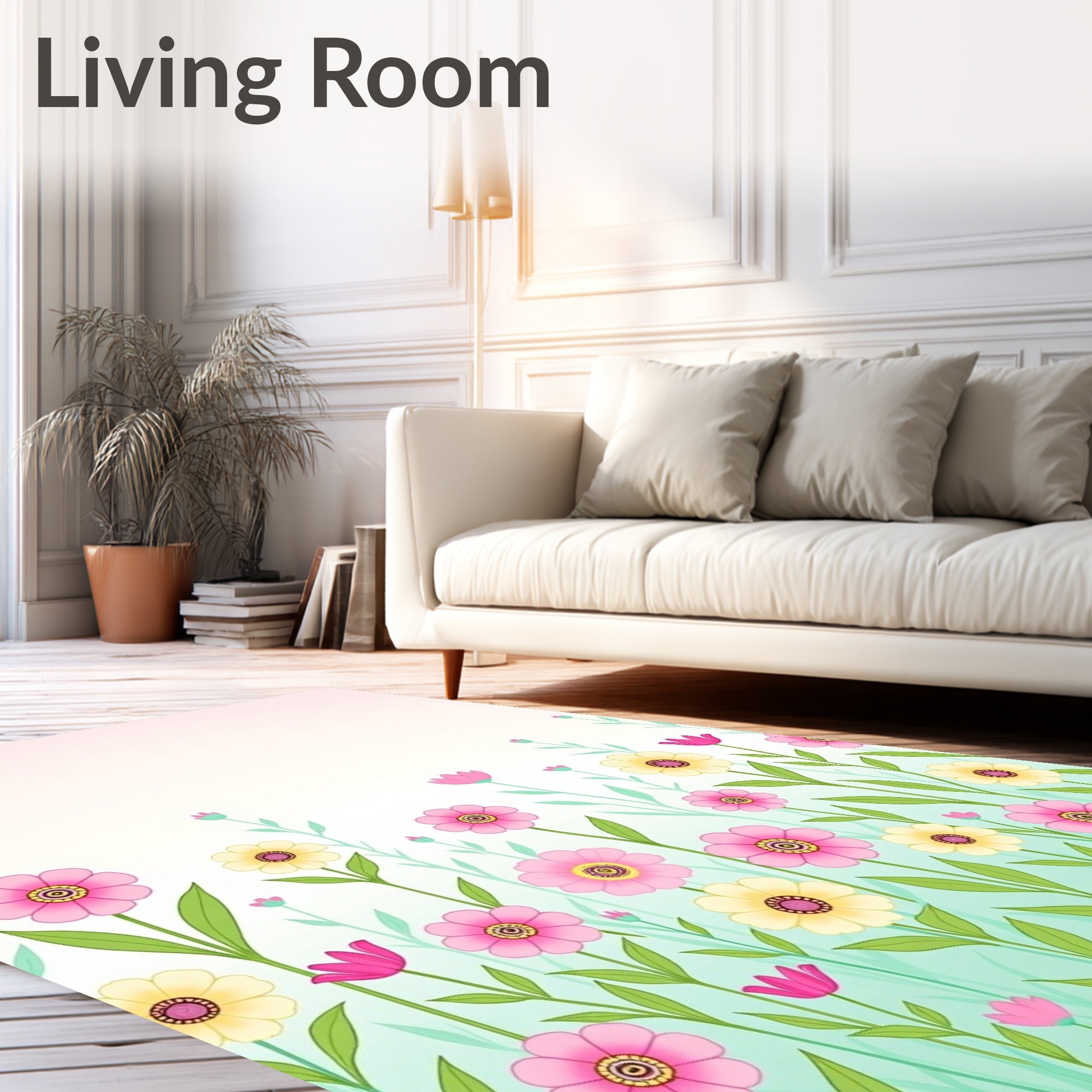 Pink Yellow Floral Meadow Design Rug