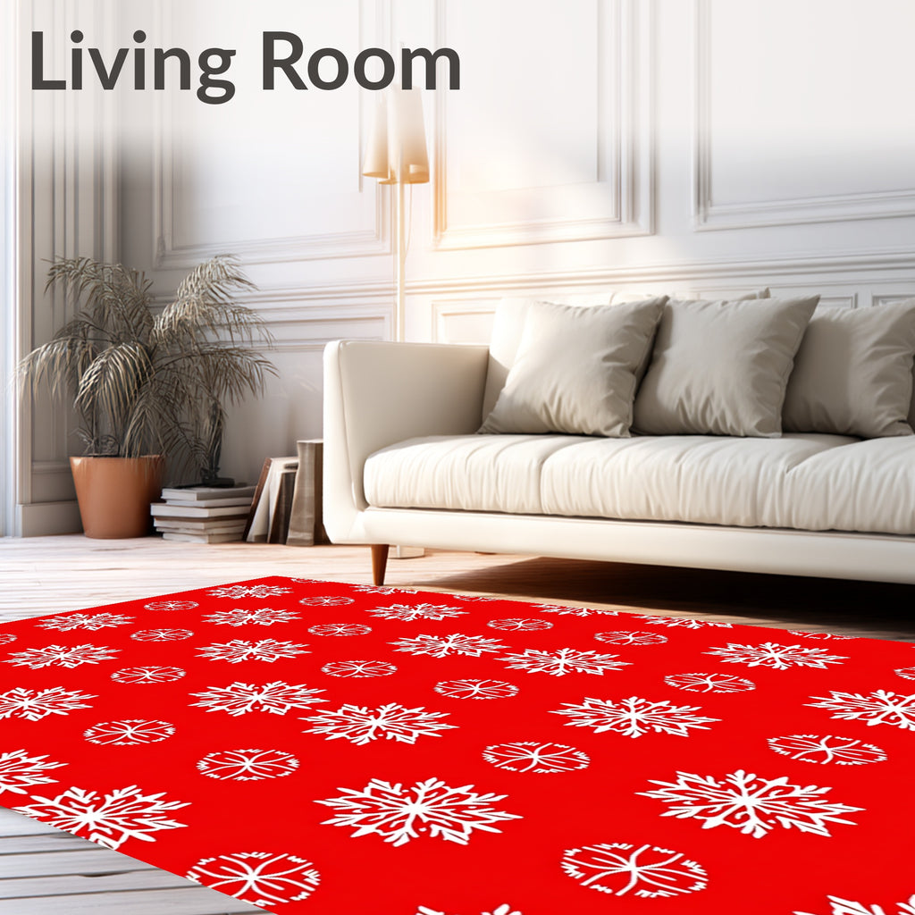 White Snowflake Patterned Red Rug