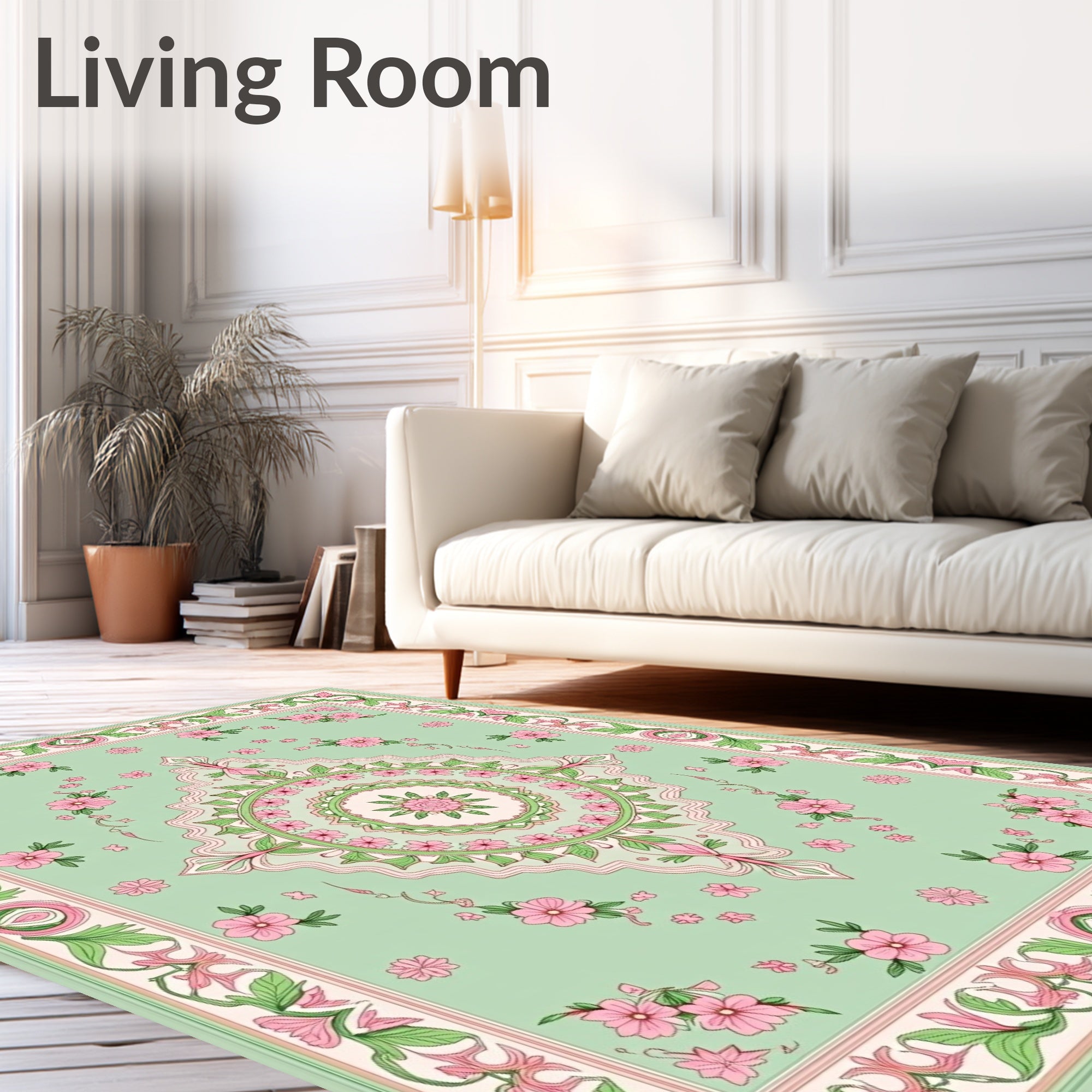 Pastel Pink Green Floral Mandala Design Rug