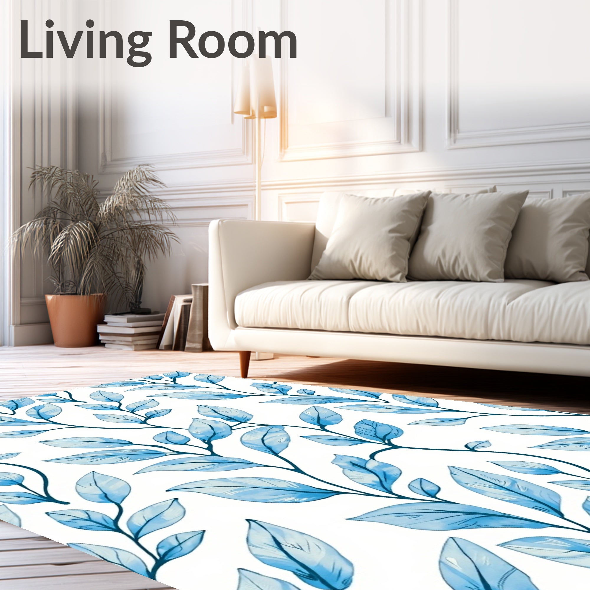 Cool Blue Leafy Botanical Pattern Rug