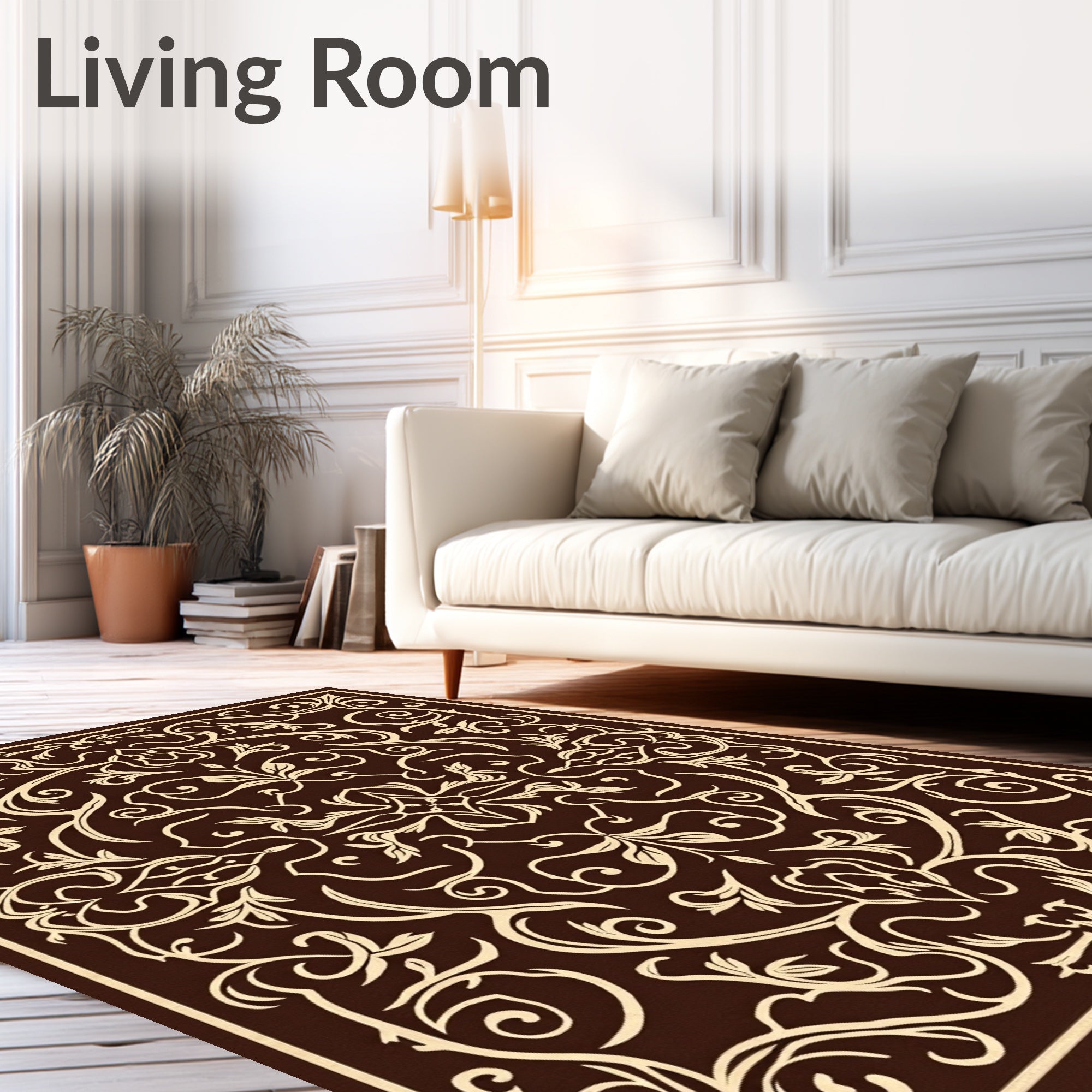 Rich Brown Floral Scroll Pattern Rug