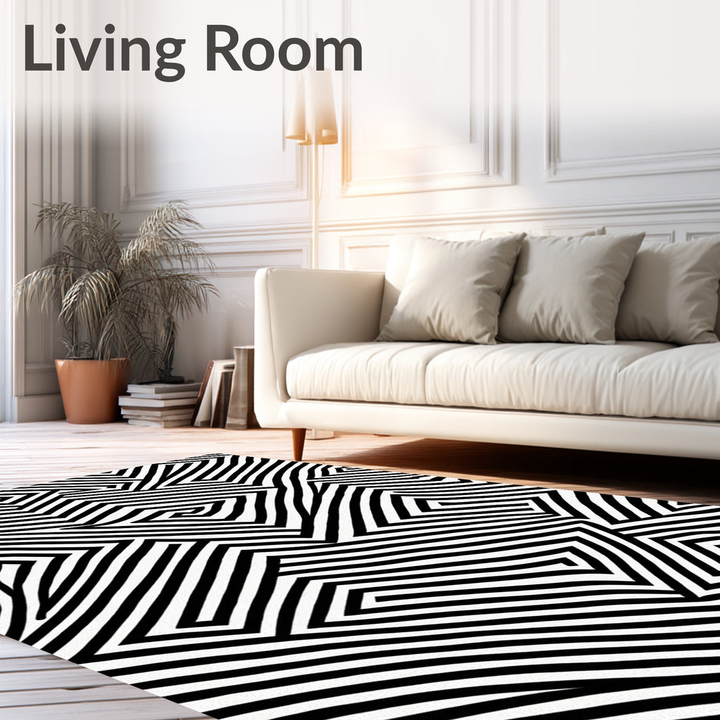Black White Parallel Line Maze Design Rug