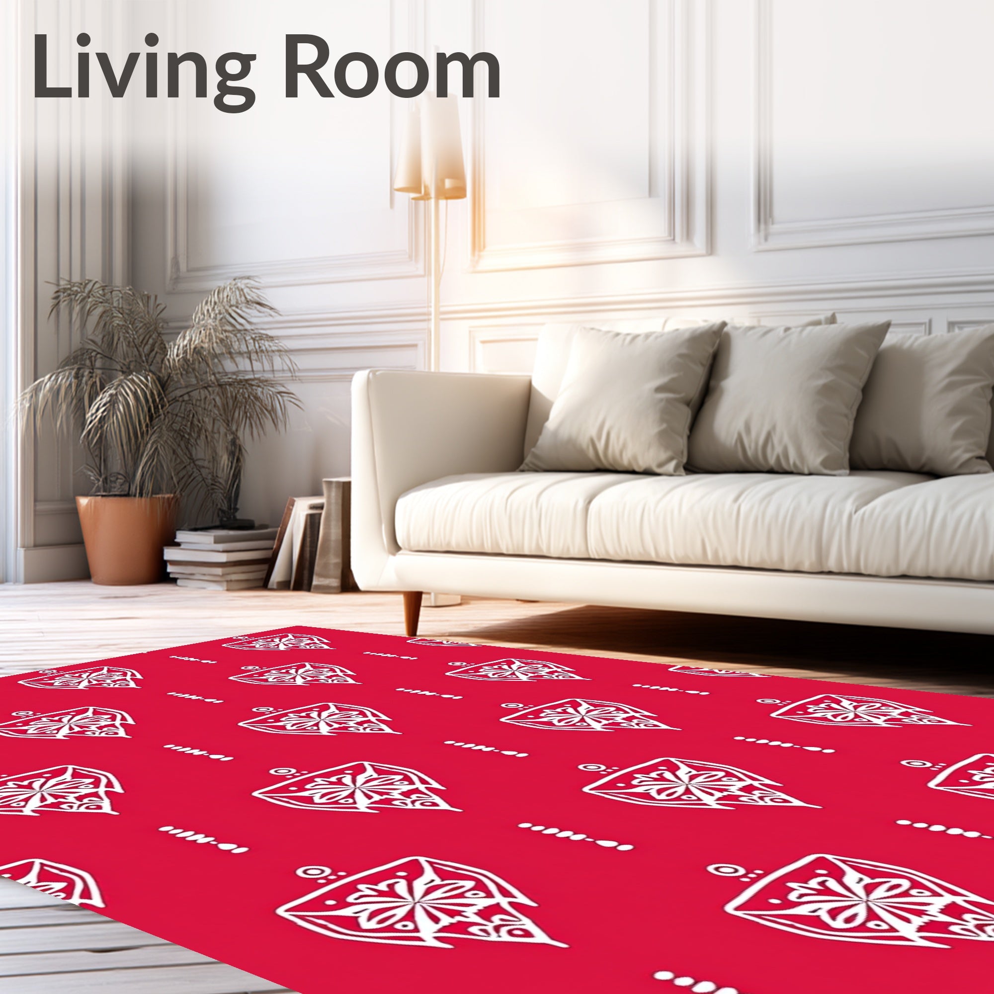 White Floral Shield Pattern Red Rug