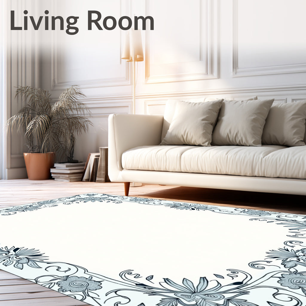 Pale Blue Floral Vine Swirl Border Rug