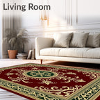 Ornate Burgundy And Gold Scroll Pattern Rug