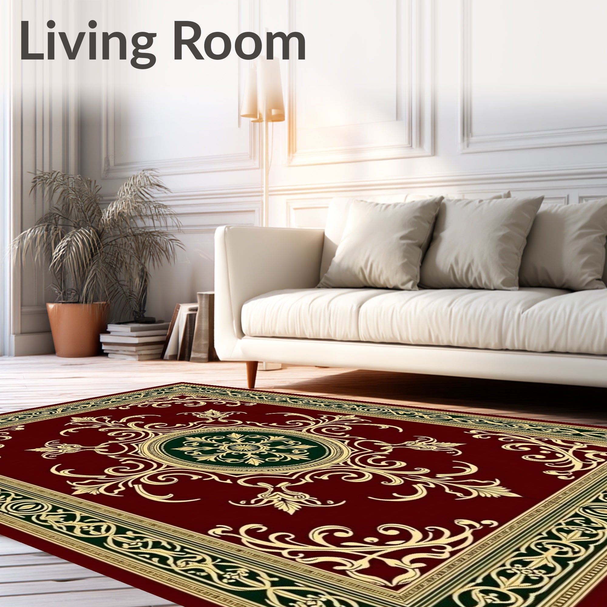Ornate Burgundy And Gold Scroll Pattern Rug