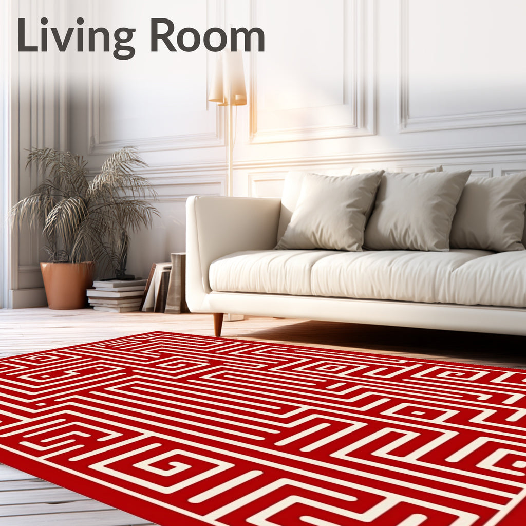 Bold Red Maze Geometric Pattern Rug