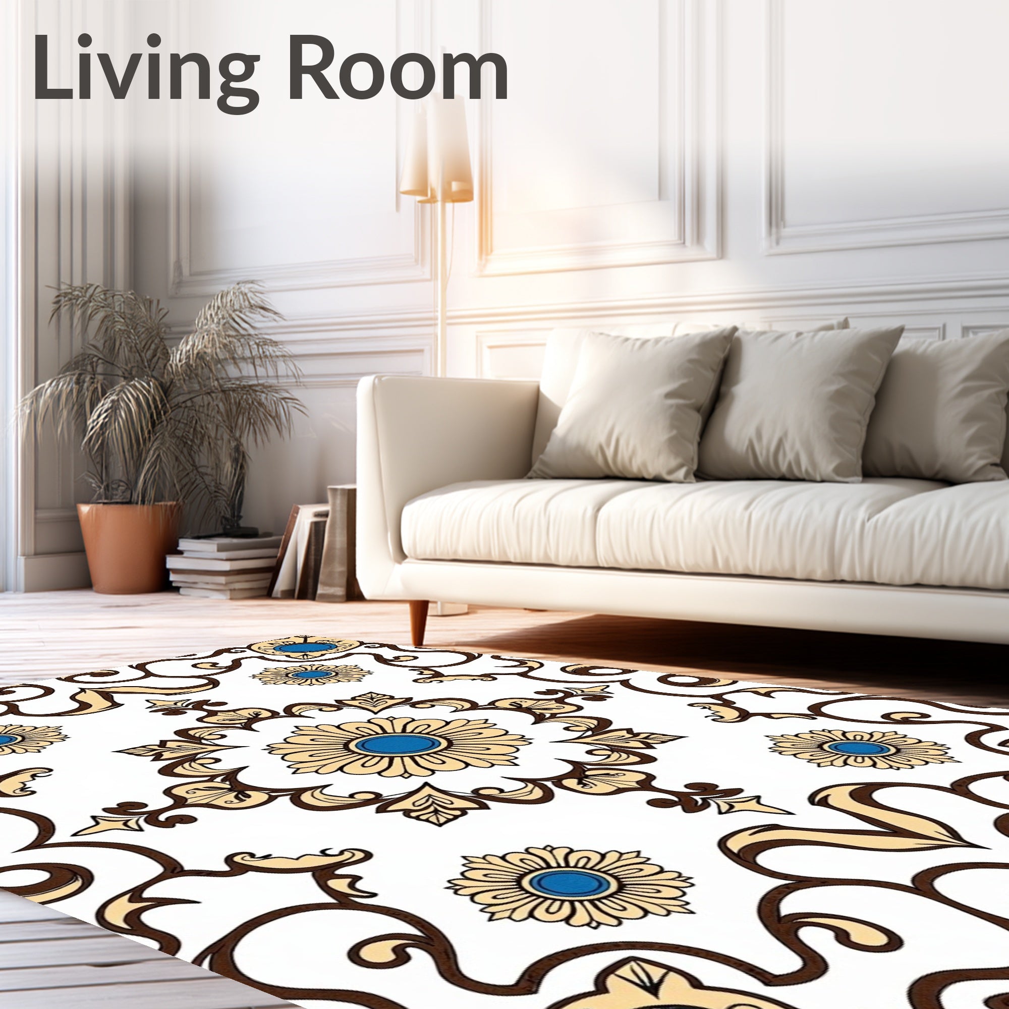 Elegant Gold Blue Floral Scroll Rug