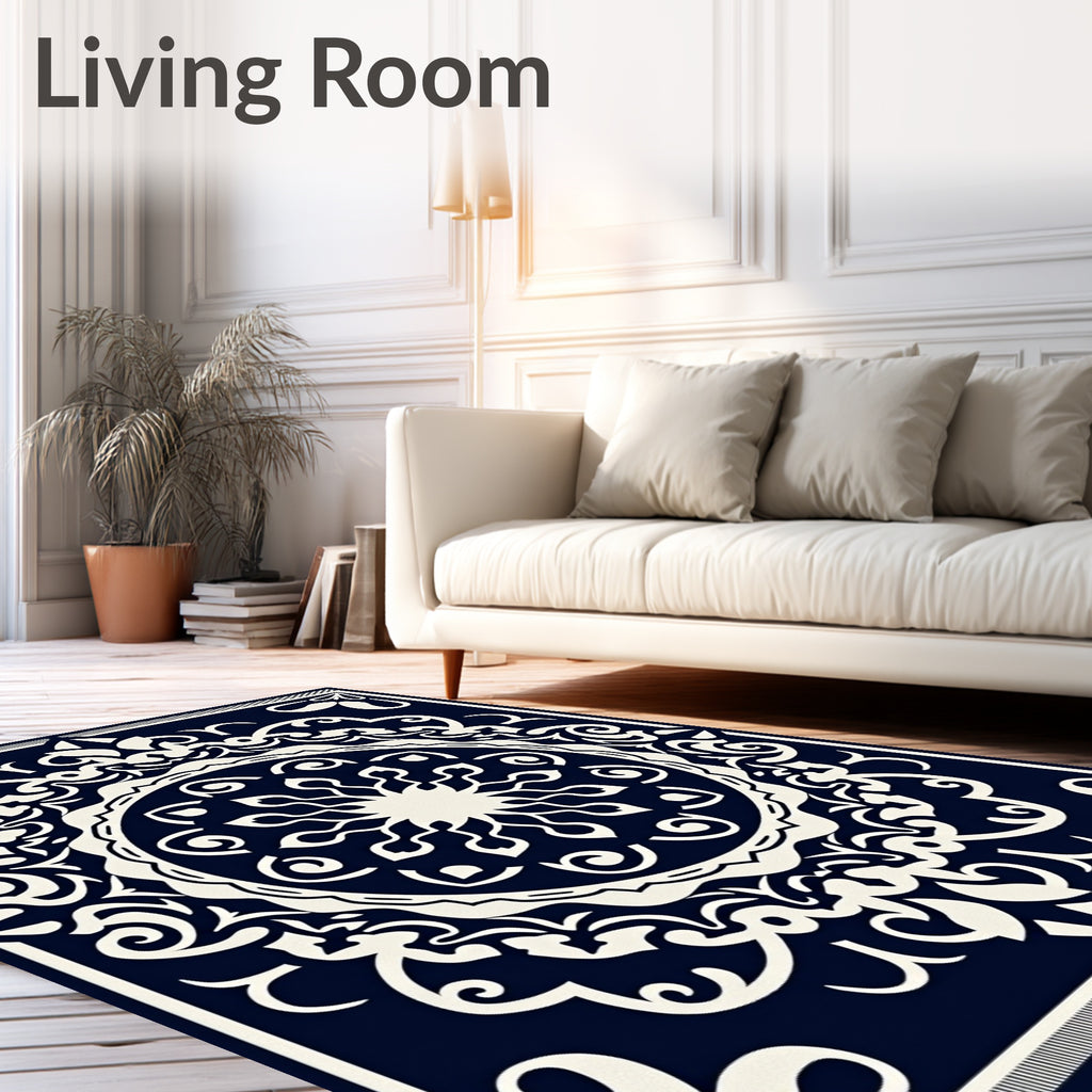 Intricate Mandala White Cream Navy Design Rug