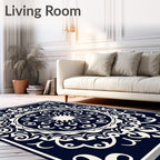 Intricate Mandala White Cream Navy Design Rug