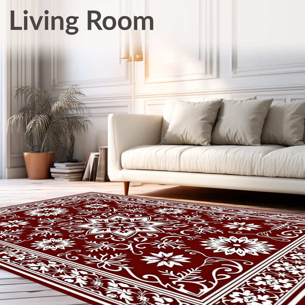 Rich Red White Floral Medallion Pattern Rug
