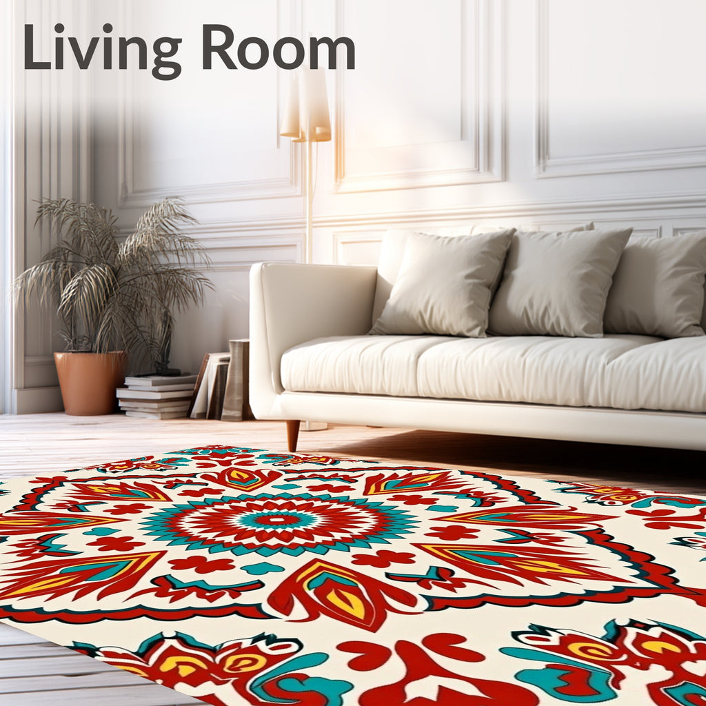 Bold Red Teal Floral Medallion Rug
