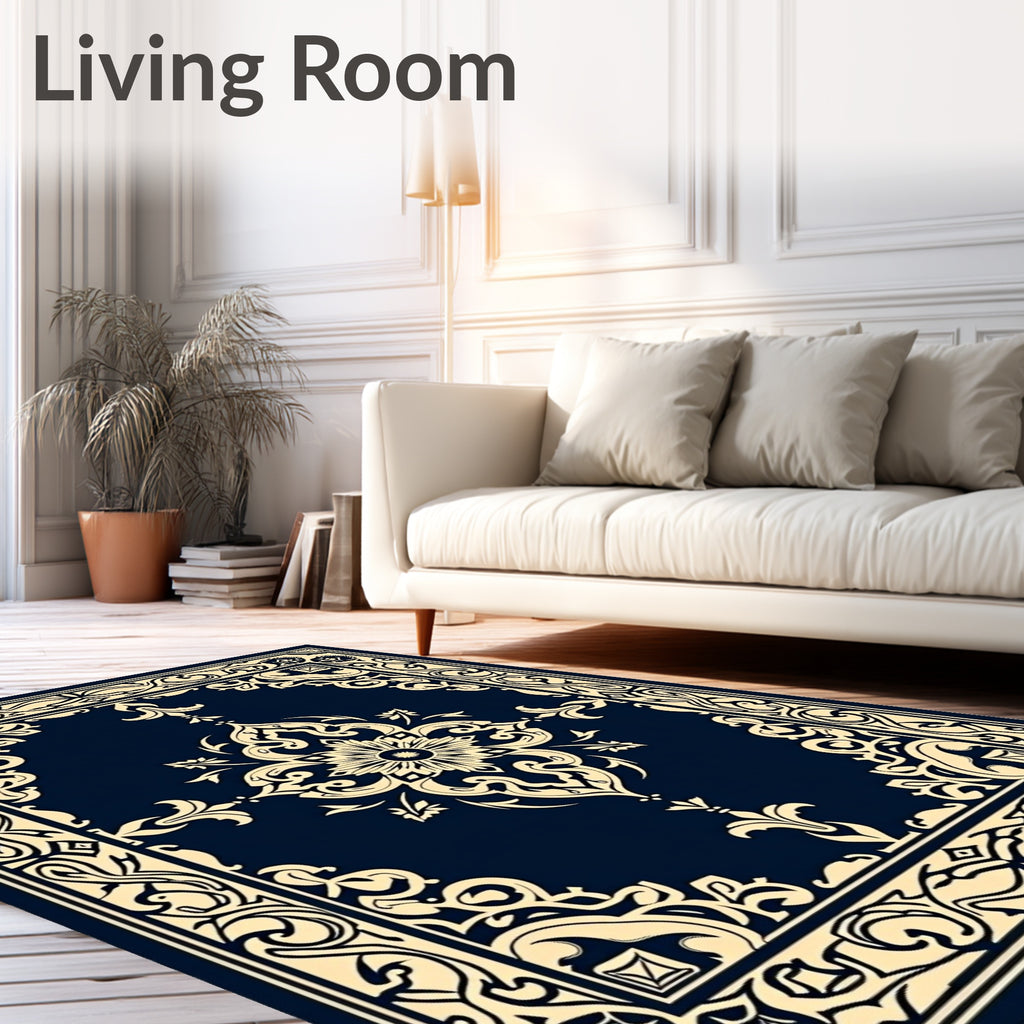 Classic Floral Scrollwork Dark Indigo Rug