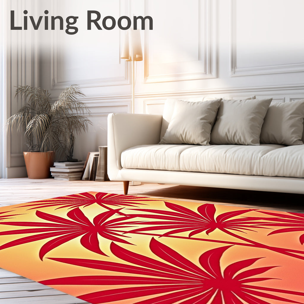 Bold Red Tropical Leaf Pattern Rug