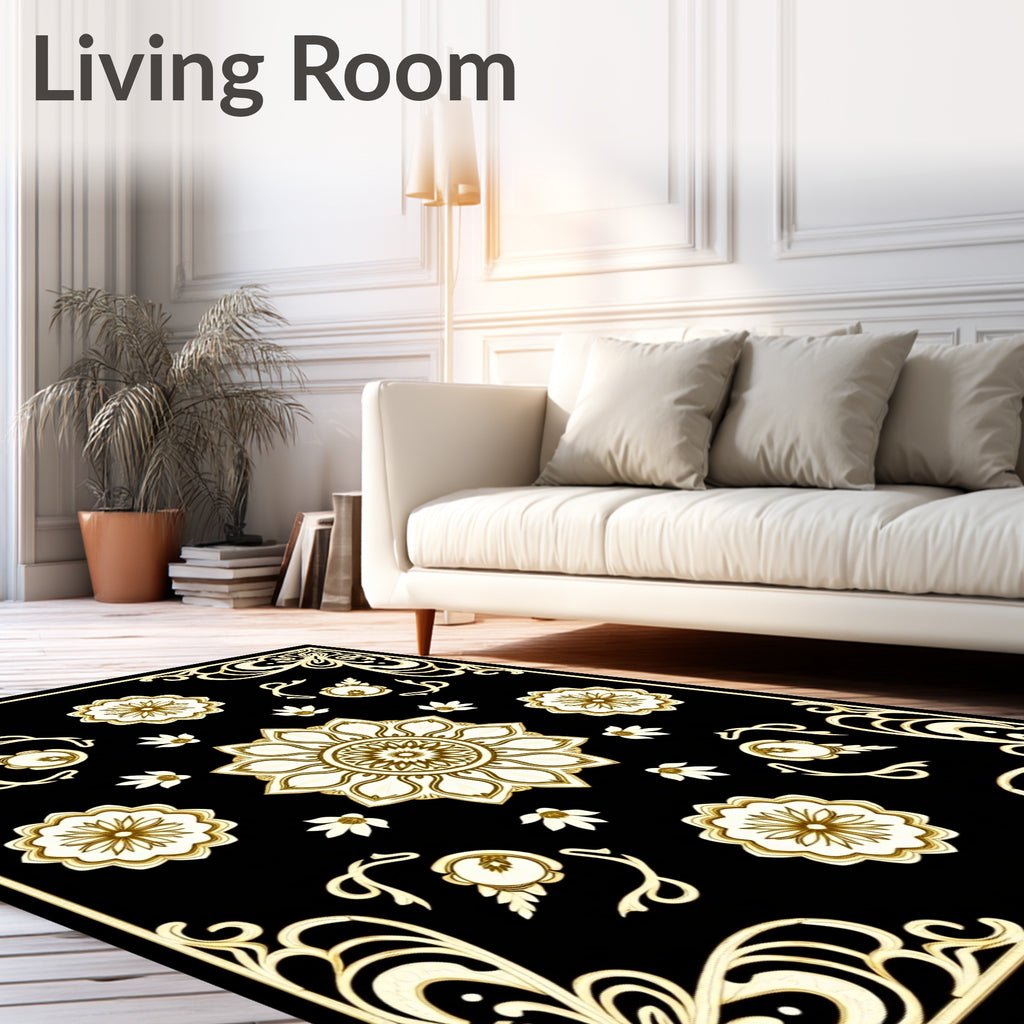 Ornate Black Gold Floral Pattern Rug
