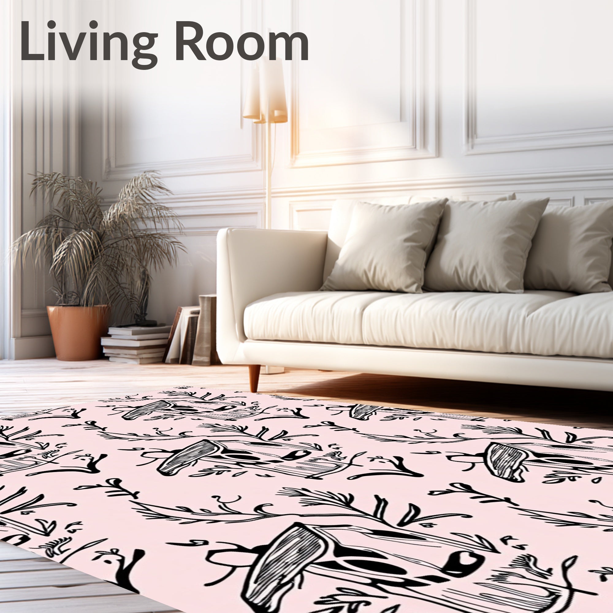 Hand-Drawn Whimsical Birdhouse Botanical Pattern Rug