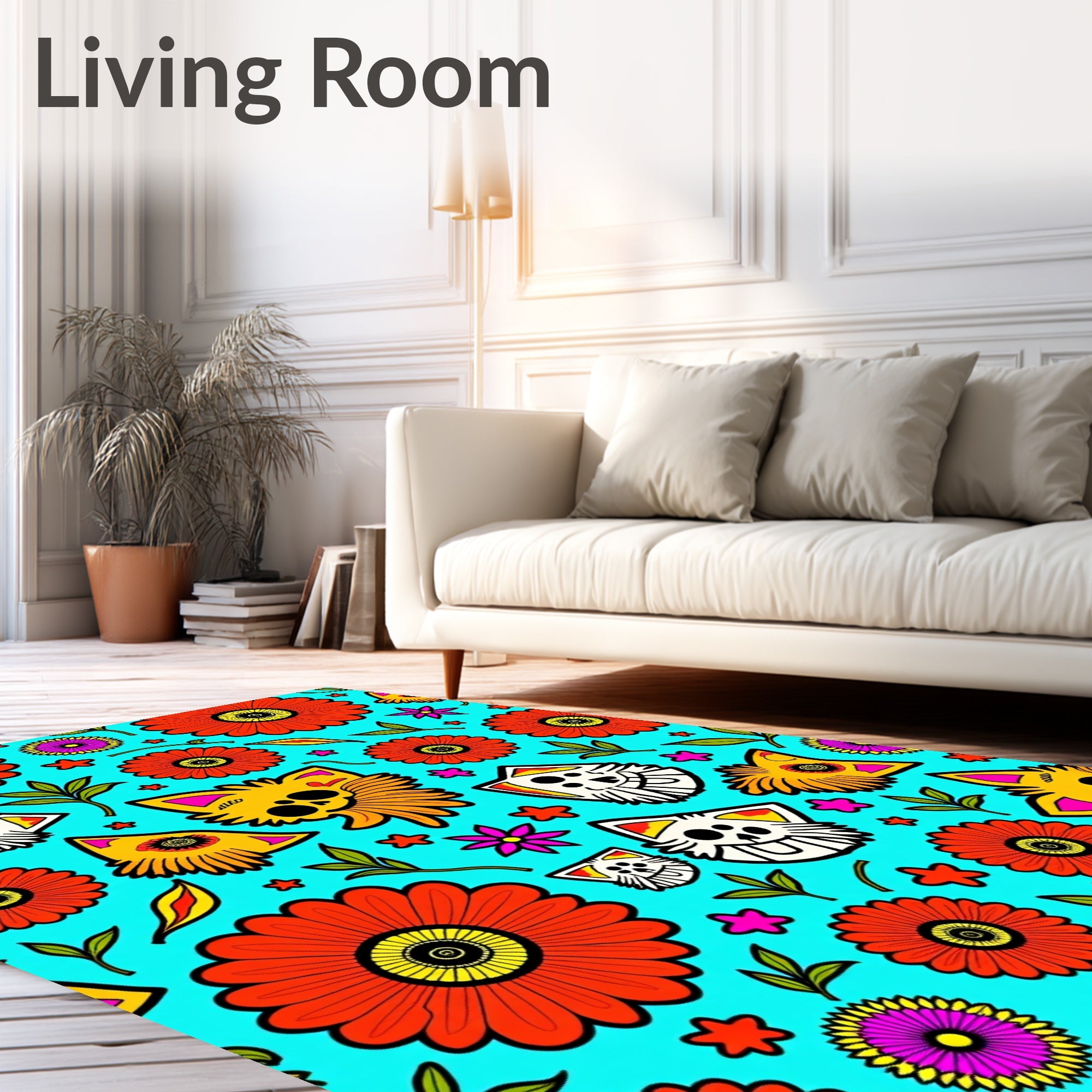Vibrant Floral Cat Skulls Design Rug