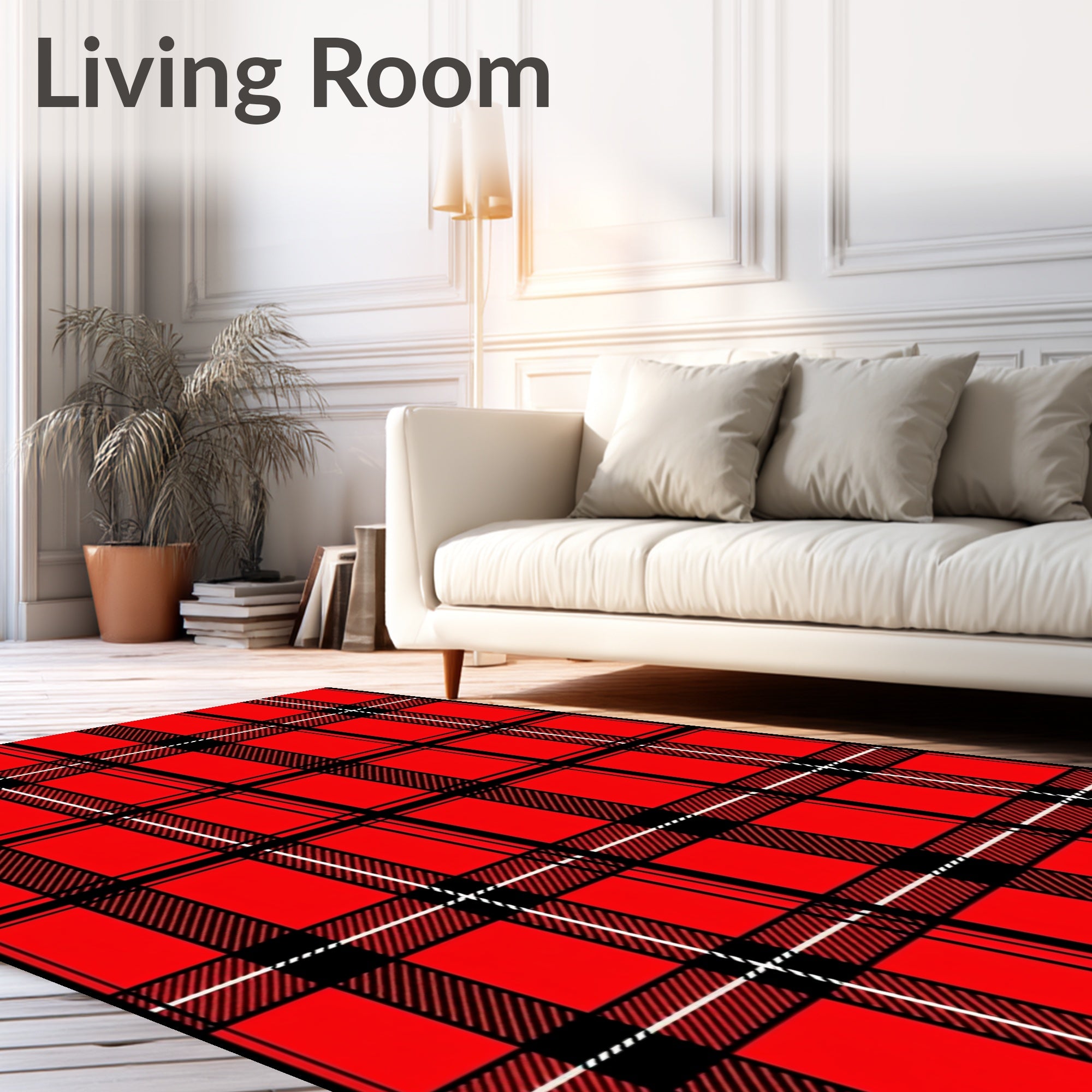 Bold Red Black White Plaid Pattern Rug